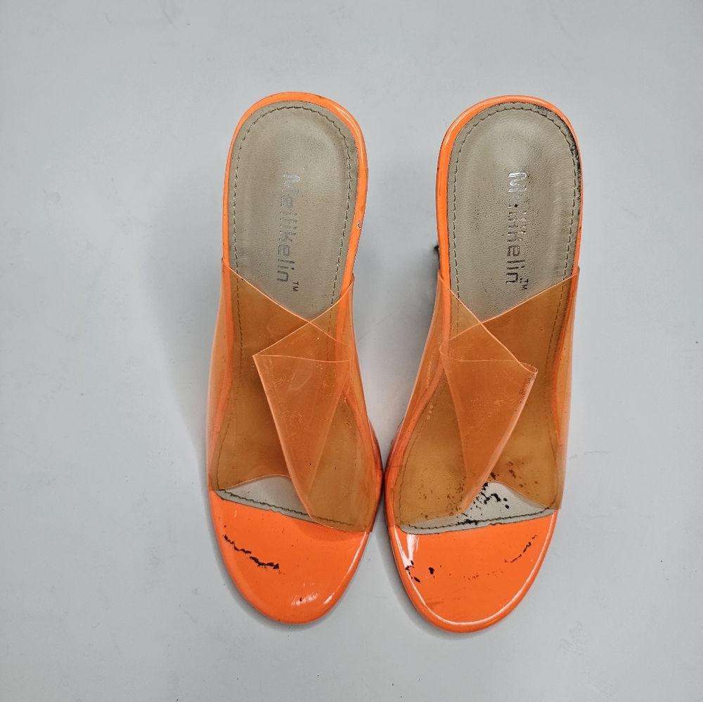 Meilikelin Orange Heels Clear Strap Round Toe Heel Mules Slides Sz 38